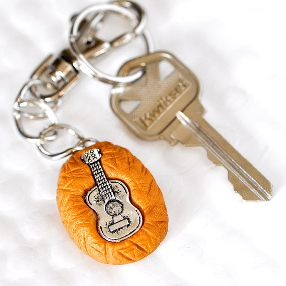 Ukulele Key Chain in Golden Orange Polymer Clay Swivel Hook