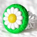 Daisy Ring Nostalgic Vintage Themed Jewelry White Filigree Adjustable Base in Grass Green Polymer Clay