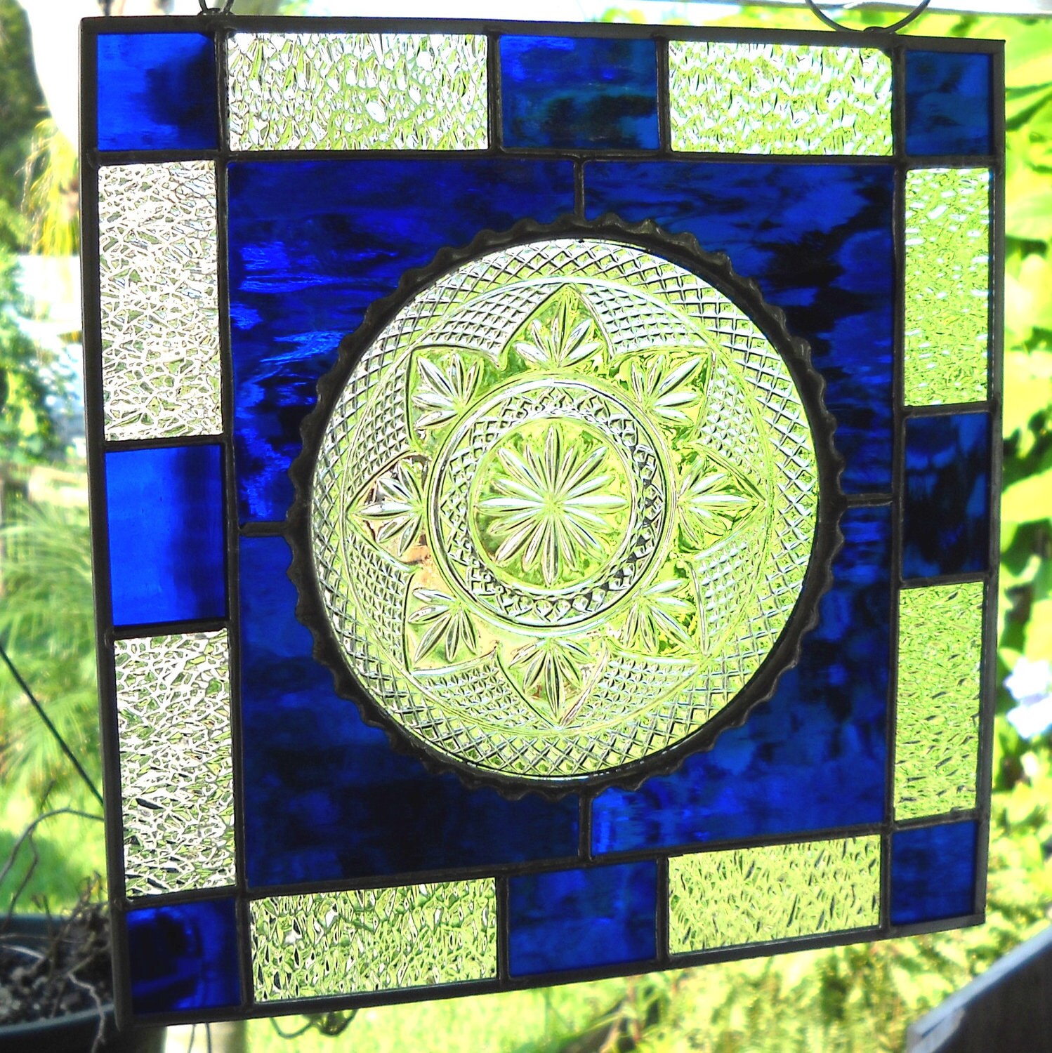 Stained Glass Panel Window Treatment with Vintage Plate