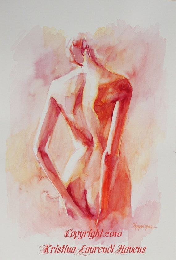Watercolor Painting Of Female Back In Soft Reds Open Edition