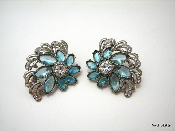 1940s Earrings Vintage Blue Rhinestones & Diamonds by BarnOwlGoods