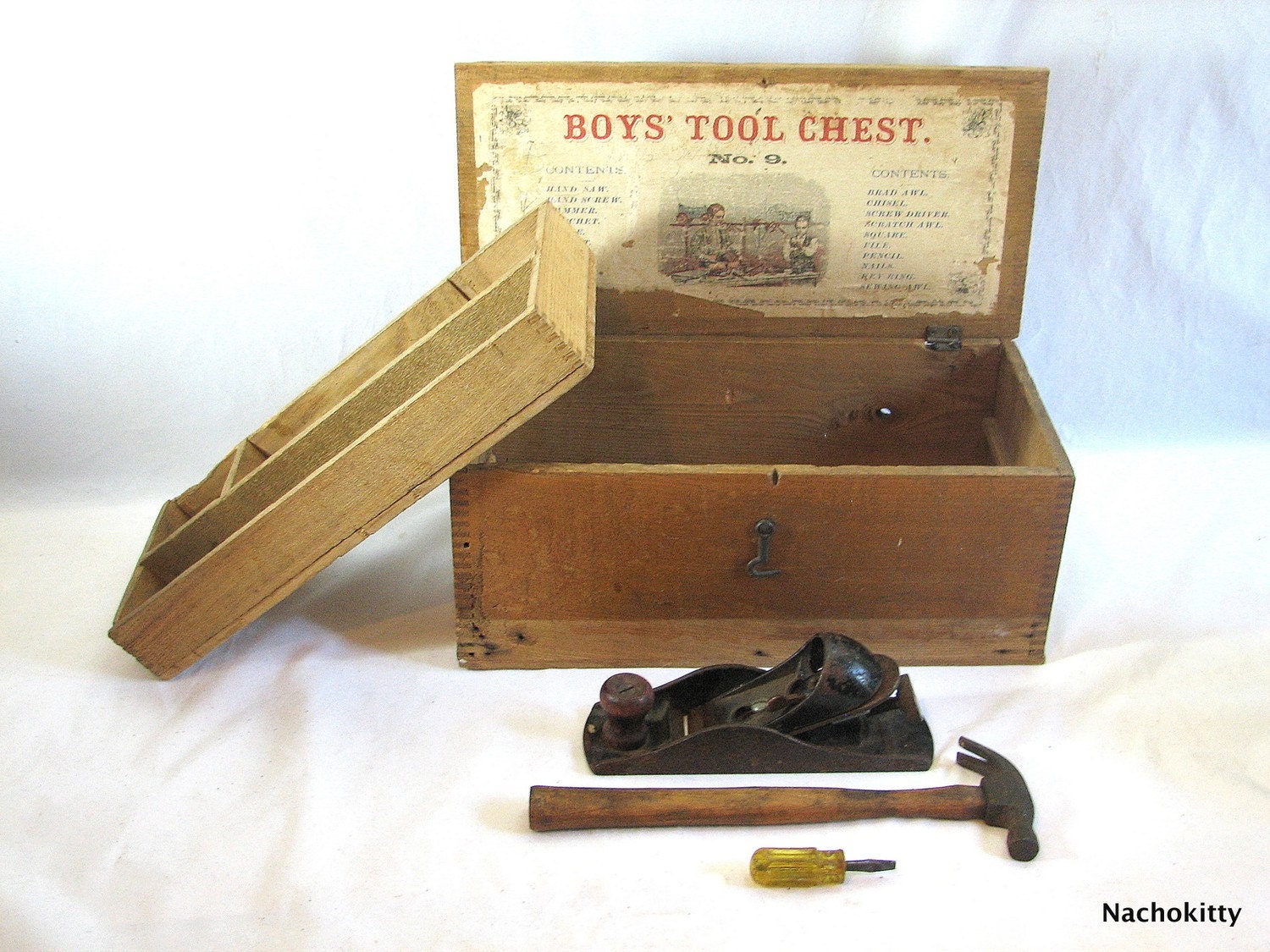 Antique Boys Tool Chest Toy Wooden Box Real Tools by Nachokitty