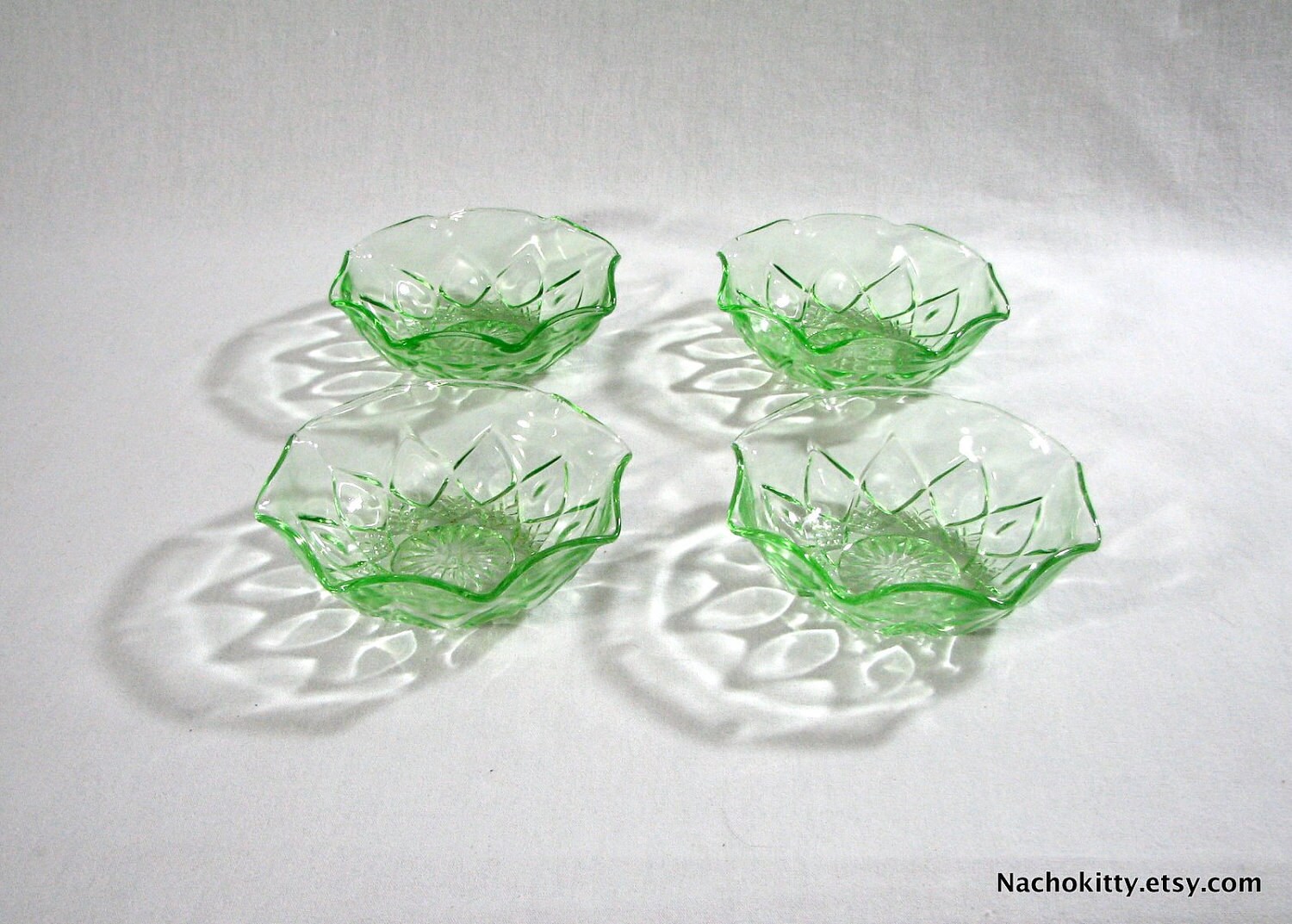Green Depression Glass Berry Bowls Set Of 4 Vintage by Nachokitty