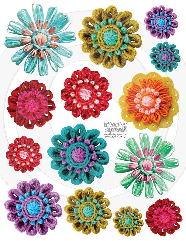 Scrapbooking CutOut Sheet Vintage Style Yarn Flowers