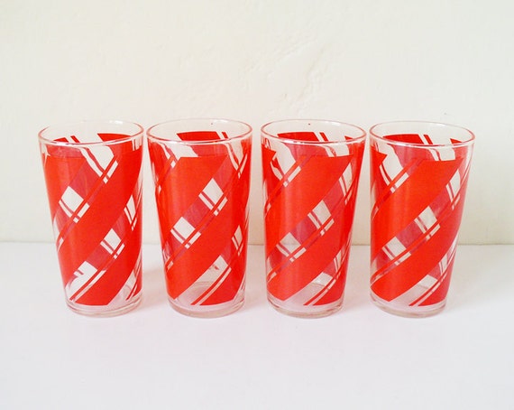 Red Vintage Striped Glass Tumblers Set Of Four By Kitschcafe