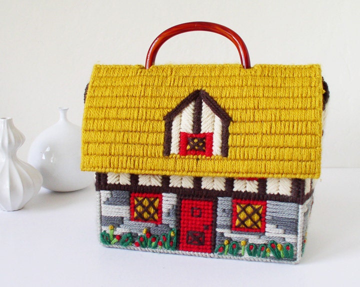 House shaped purse handbag needlework by kitschcafe on Etsy