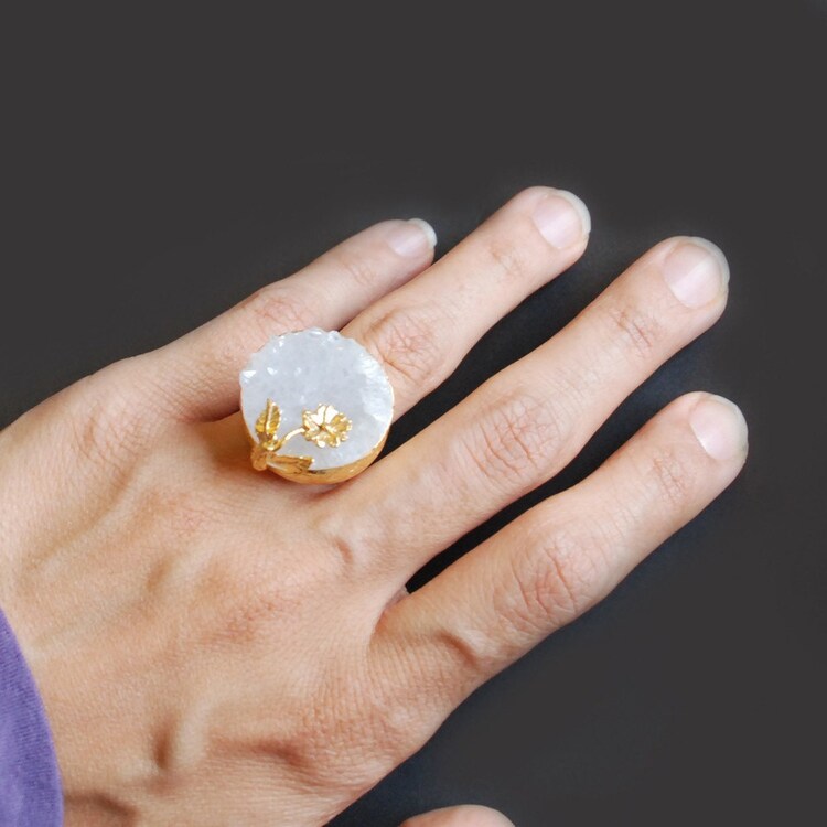 Raw White Quartz Ring with a Flower by toosis on Etsy