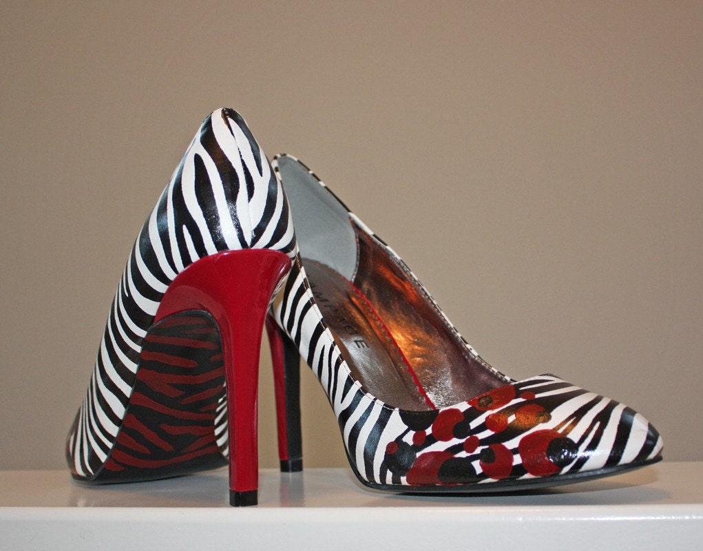 Black White and Red Zebra Print Painted Women's Heels