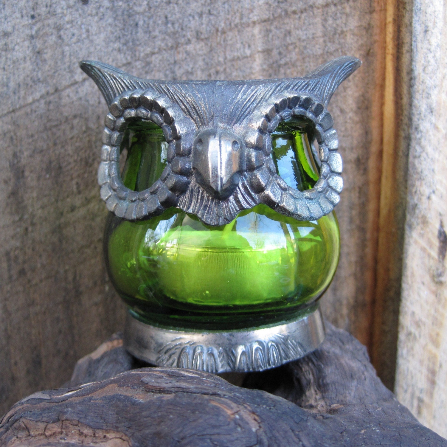 Vintage Owl Votive tealight candle holder Glass and Metal