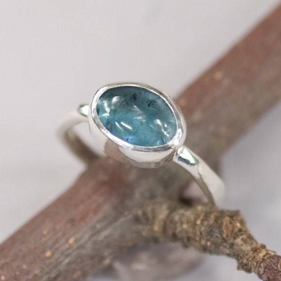Hand Forged Aquamarine Cabochon Ring in Argentium Silver