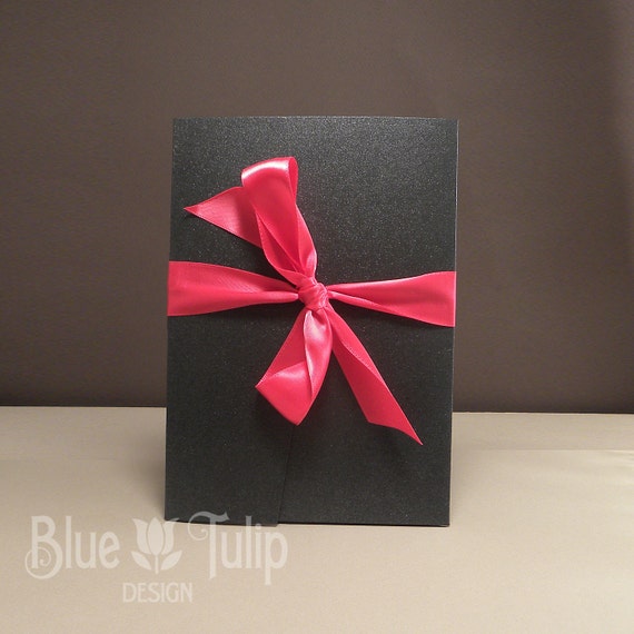 black pearl pocketfold wedding invitation with fuschia ribbon black pearl pocketfold wedding invitation with fuschia ribbon