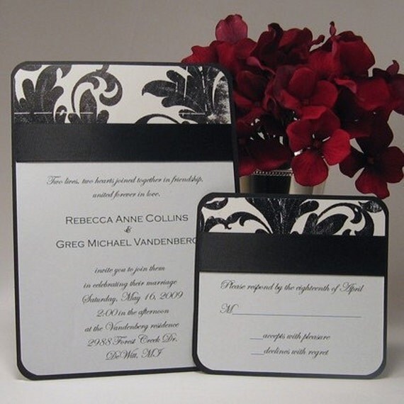 Elegant Damask Wedding Invitation with Satin Ribbon