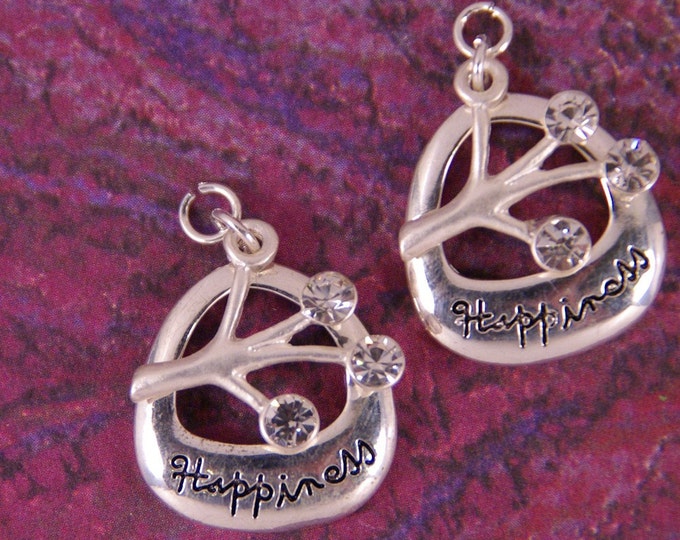 Set of Two Charms with Rhinestone Tree and the Word Happiness