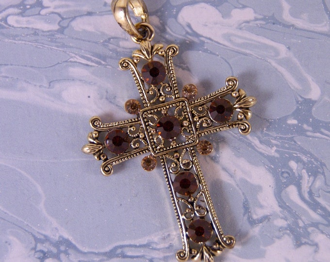 Gold-tone Filigree Topaz Rhinestone Heraldic Cross Pendant