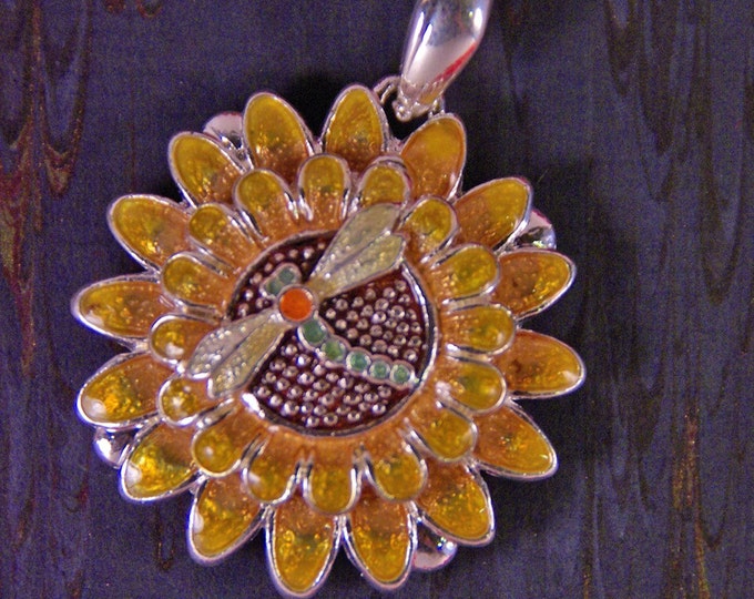 Yellow Enamel Sunflower with Dragonfly Picture Pendant