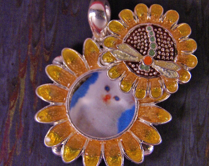 Yellow Enamel Sunflower with Dragonfly Picture Pendant