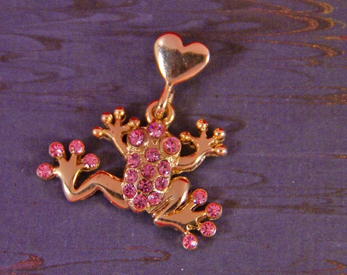 Gold-tone Pink Rhinestone Frog Pendant with Heart-shaped Bail