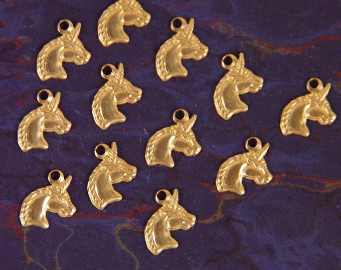 Dozen Tiny Brass Right-facing Unicorn Head Charms