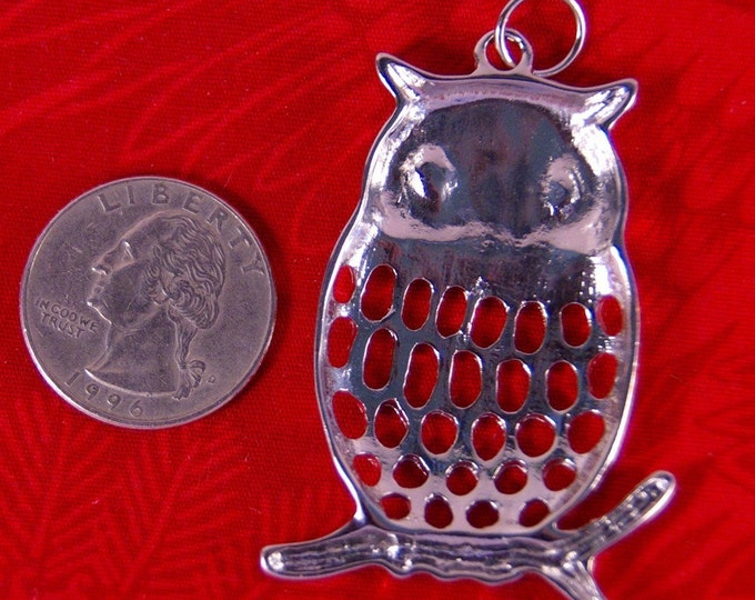 Silver-tone Open Work Owl on a Branch with AB Rhinestone Eyes Pendant