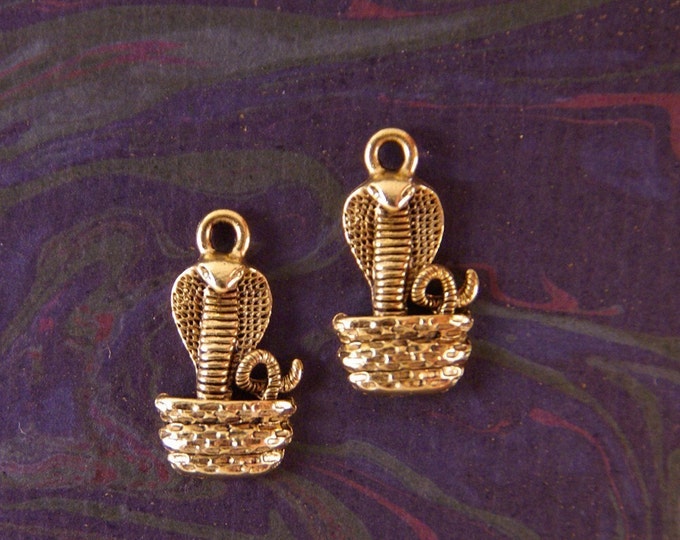 Two Gold-tone Pewter Cobra in Basket Charms Snake Reptile