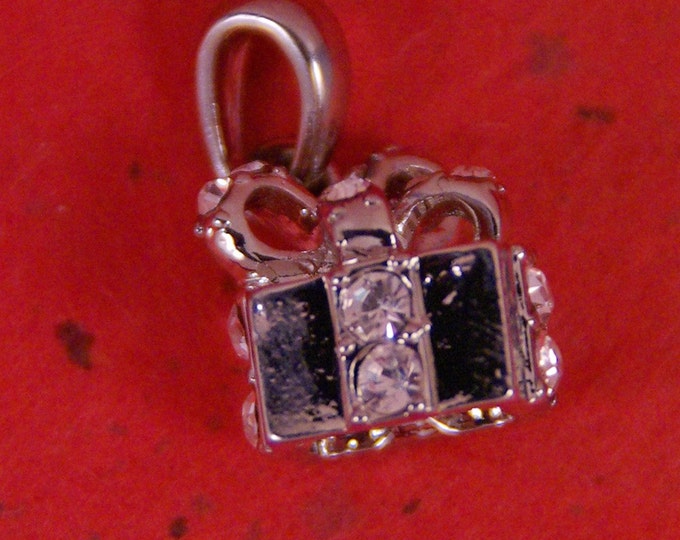 Small Silver-tone Rhinestone Accented Gift with Ribbon Pendant