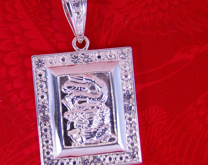 Bright Silver-tone Rectangular Chinese Dragon Pendant with Large Bail