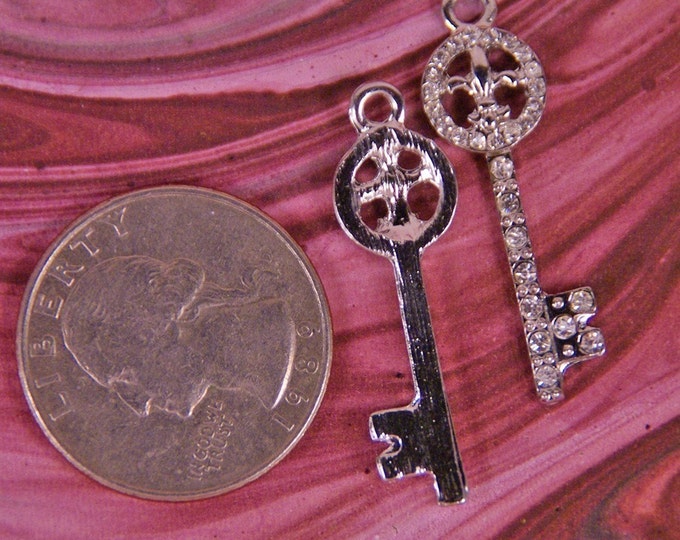 Small Pair of Rhinestone Skeleton Key Fleur de Lis Charms