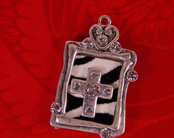Antique Silver-tone Frame Charm with a Cross and Zebra Pattern Insert