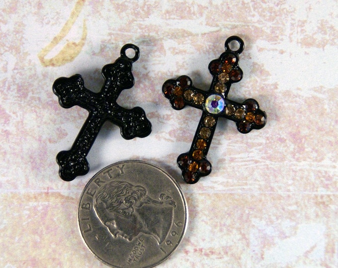 Pair Black Epoxy Heraldic Crosses with Topaz Rhinestones Charms