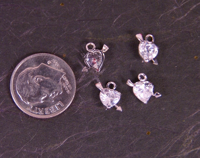 4 Very Tiny Crystal Hearts with Silver-tone Arrows Charms