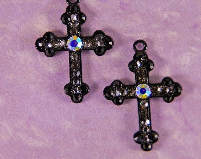 Pair Black Epoxy Heraldic Crosses with Hematite Rhinestones Charms Cross