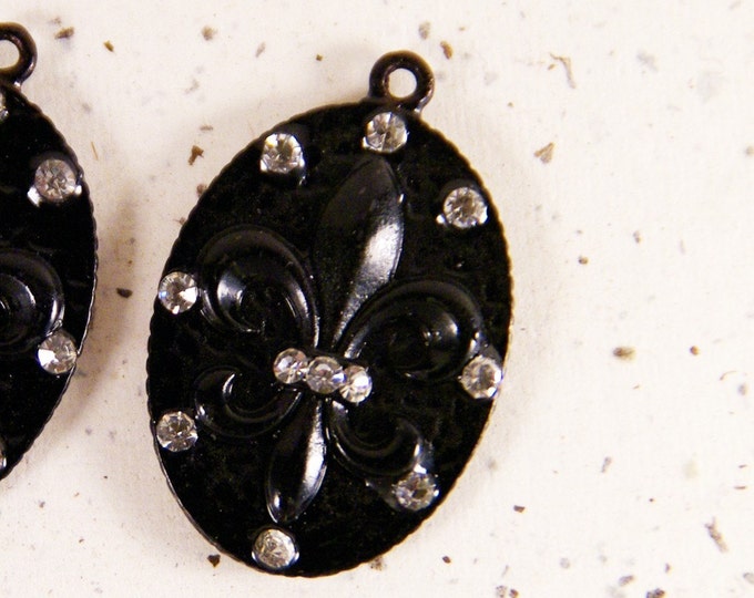 Pair of Oval Black Epoxy Fleur de Lis Charms