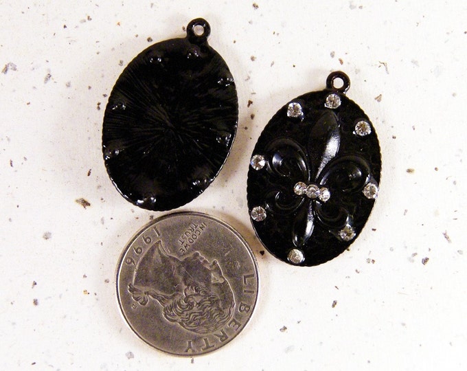 Pair of Oval Black Epoxy Fleur de Lis Charms