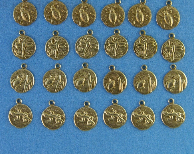 24 Small Round Brass Beetle, Dragonfly, Frog, Lizard Charms