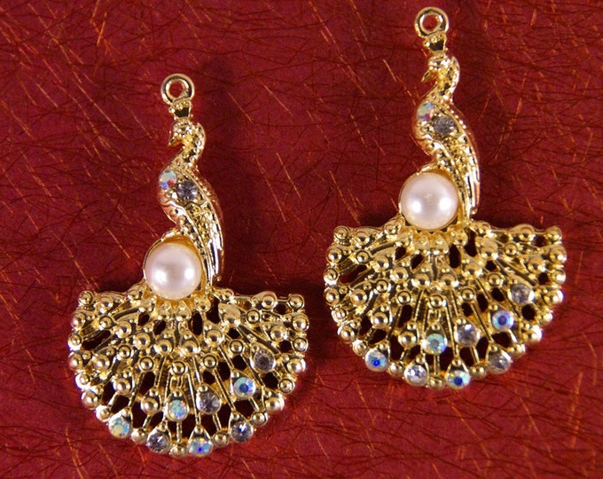 Set of Two Peacock Charms Rhinestones Faux Pearl Gold-tone