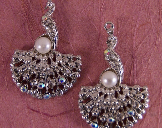 Set of Two Peacock Charms with Rhinestones and Faux Pearl Silver-tone