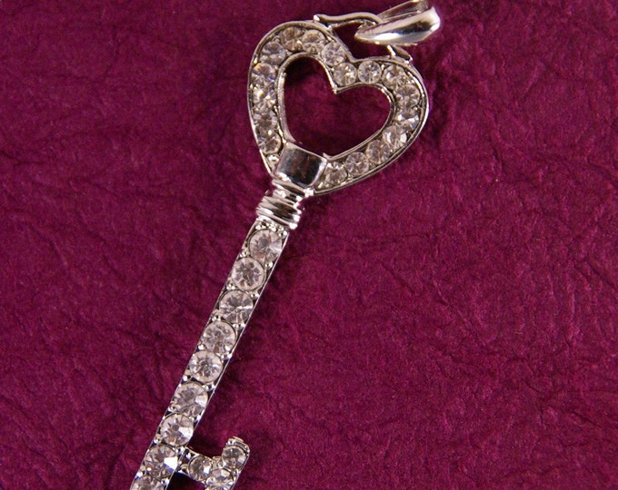 Heart Top Rhinestone Encrusted Skeleton Key Pendant