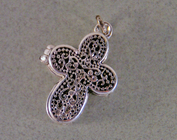 Antique Silver-tone Decorative Cross Locket with Magnetic Clasp