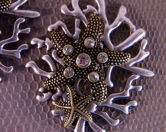 2 Antique Gold-tone Starfish on Matte Silver-tone Coral Pendant Charm