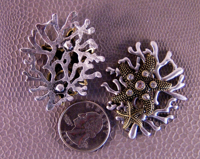 2 Antique Gold-tone Starfish on Matte Silver-tone Coral Pendant Charm