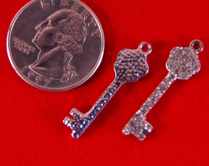 Small Pair of Rhinestone Skeleton Key with Flower-shape Top Charms