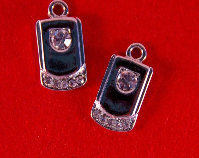 Pair of Tiny Cell Phone Charms with Rhinestone Accent Silver-tone