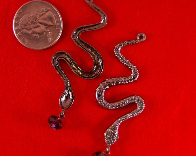 REPTILE / SNAKE- Pair of Dark Silver-tone Snake Charms with Glass Drop