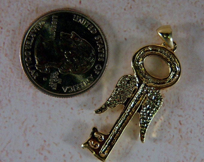 Rhinestone Skeleton Key with Wings Pendant Gold-tone