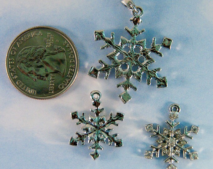Silver-tone Snowflake Charms and Pendant with Rhinestones Set
