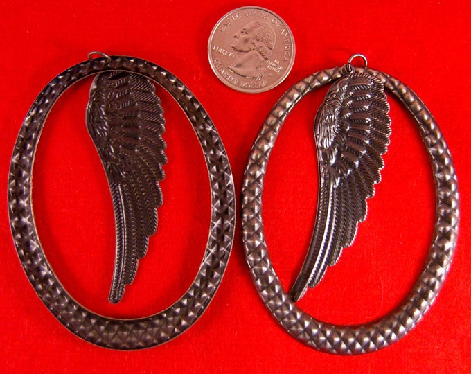 Pair of Burnished Silver-tone Thin Metal Wing in Large Oval Charms