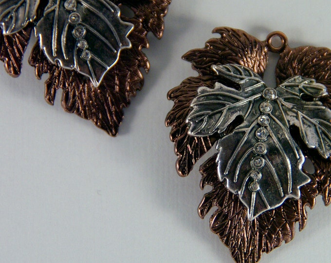 Pair of Copper-tone and Antique Silver-tone Leaf Charms with Rhinestone Accents