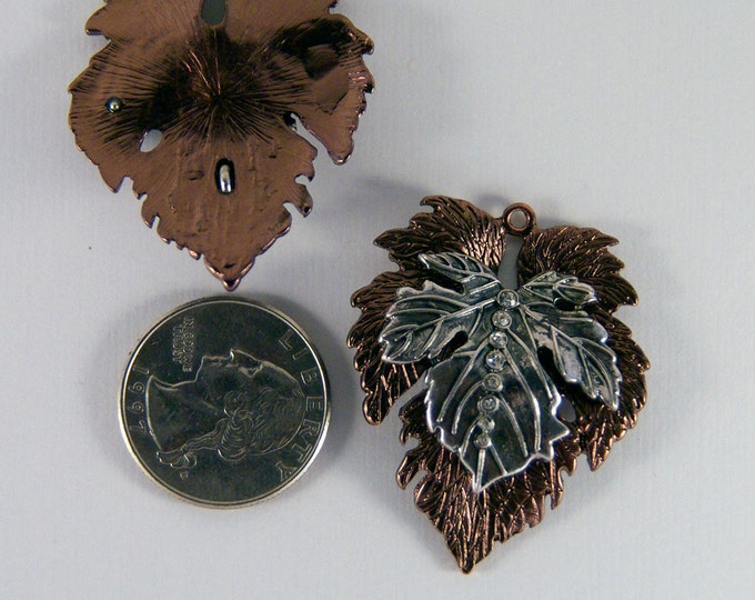 Pair of Copper-tone and Antique Silver-tone Leaf Charms with Rhinestone Accents