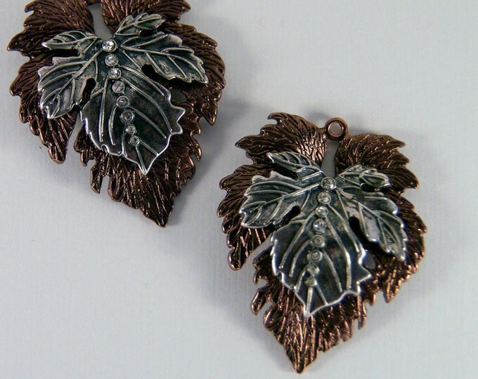 Pair of Copper-tone and Antique Silver-tone Leaf Charms with Rhinestone Accents