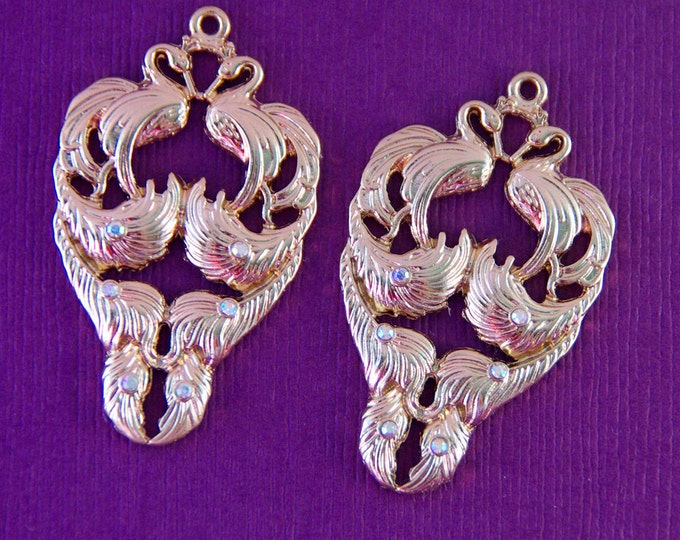 Pair of Double Peacock Charms Tiny Aurora Borealis Rhinestone Accents Gold-tone